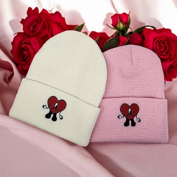 None Accessories - Embroidered Bad Bunny Heart in Pink or White Knit Beanie